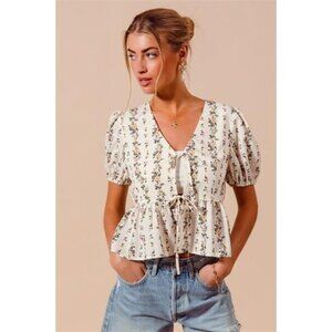SO ME Floral Print Tie Front Shirred Hem Blouse